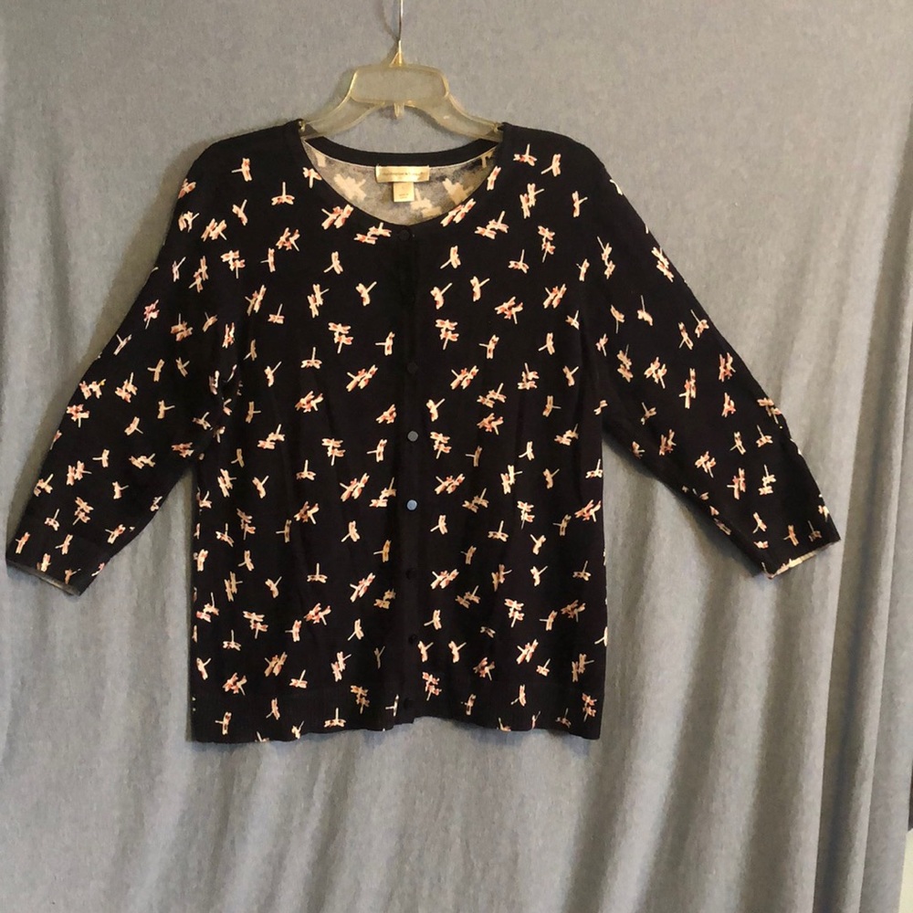 NWOT Christopher & Banks navy with white/coral dragonflies cardigan sweater sz L